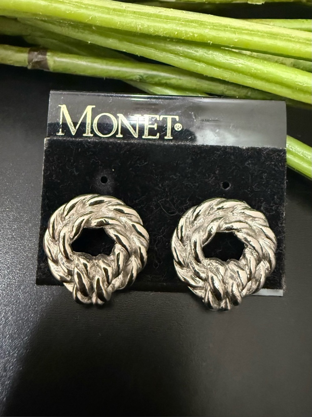Vintage MONET Silver-tone Twisted Rope Wreath Knotted Circle Post Earrings 13g.